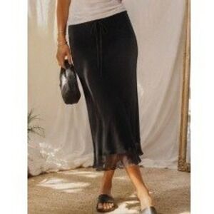 Vintage 1990s Bias Cut Black Midi Slip Skirt Crinkle Sheer Large Y2K Goth Model
